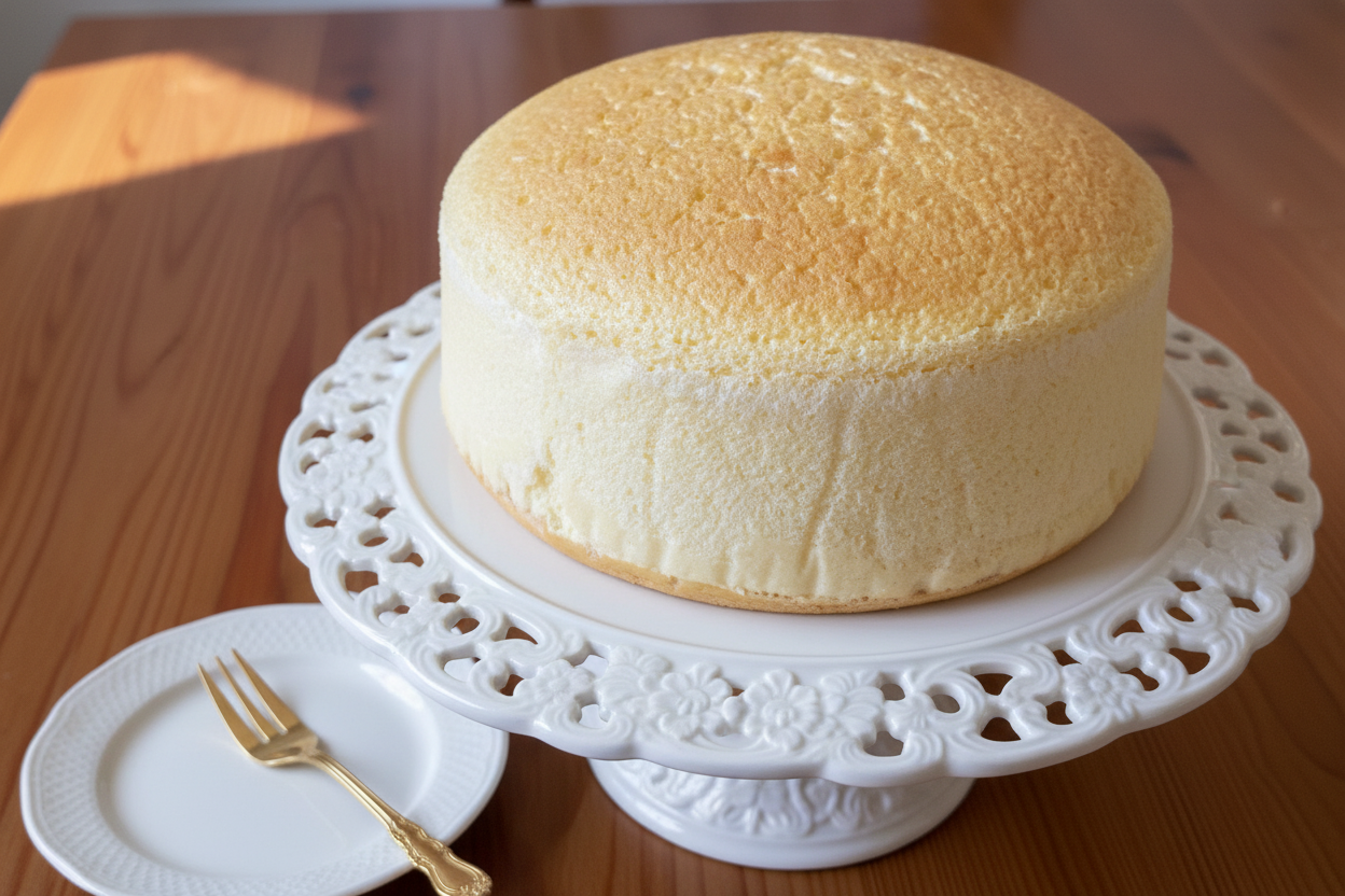 Japanese Soufflé Cheesecake on ornate carved cake stand